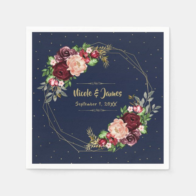 Bold Fall Floral Navy Blue Gold & Burgundy Wedding Serviette (Vorderseite)