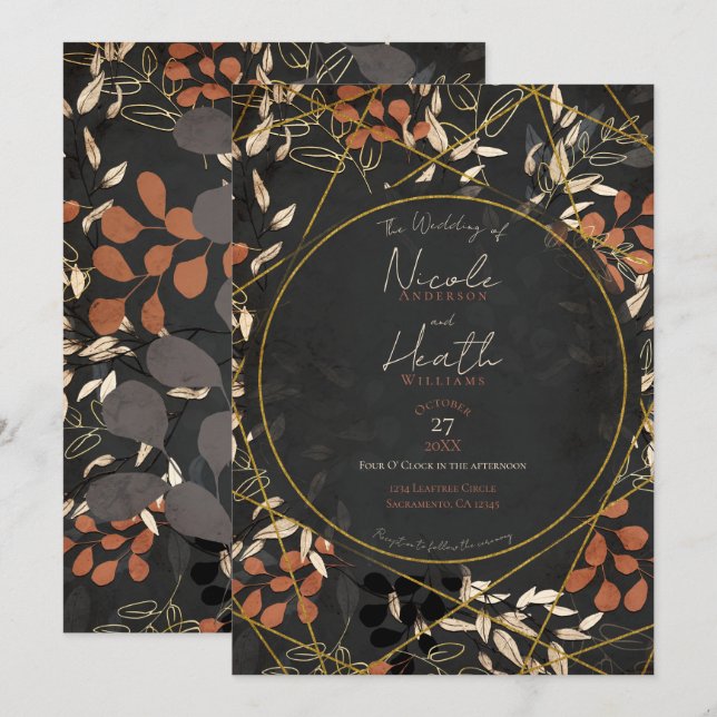 Bold Fall Floral Terracotta Gray Gold Wedding Einladung (Vorne/Hinten)