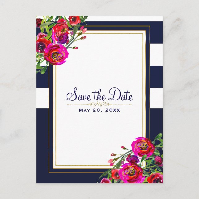 Bold Floral Blue & Gold Elegant Save the Date Ankündigungspostkarte (Vorderseite)