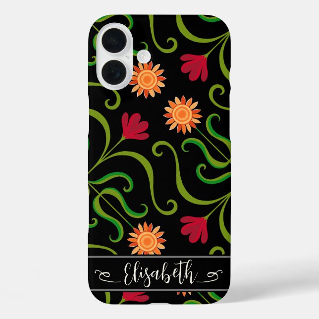 Bold Floral Damask Sonnenblume Boho Schwarzes Volk iPhone 16 Plus Hülle (Rückseite)