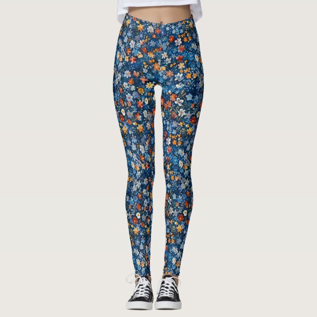 Bold Floral Ditsy Gemustert Dark Blue Leggings (Vorderseite)