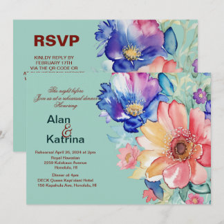 Bold Floral Mint Green Wedding Dinner Rehearsal Einladung
