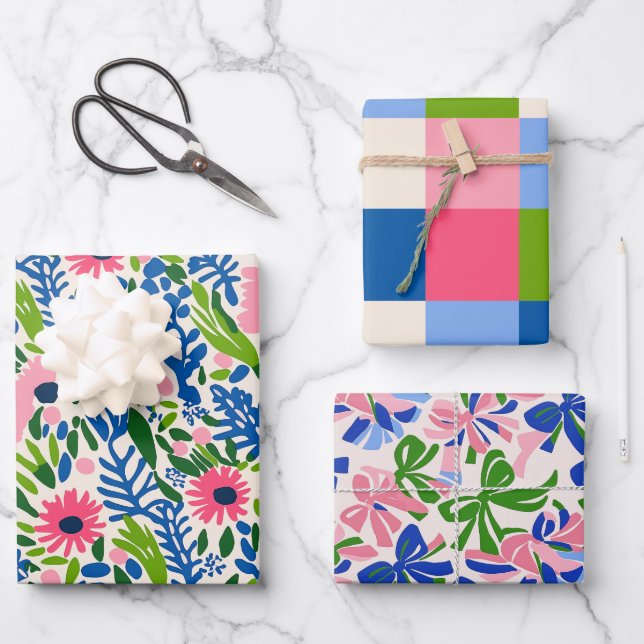 Bold Floral Square Bow Muster Maximal farbenfroh Geschenkpapier Set (Vorderseite)