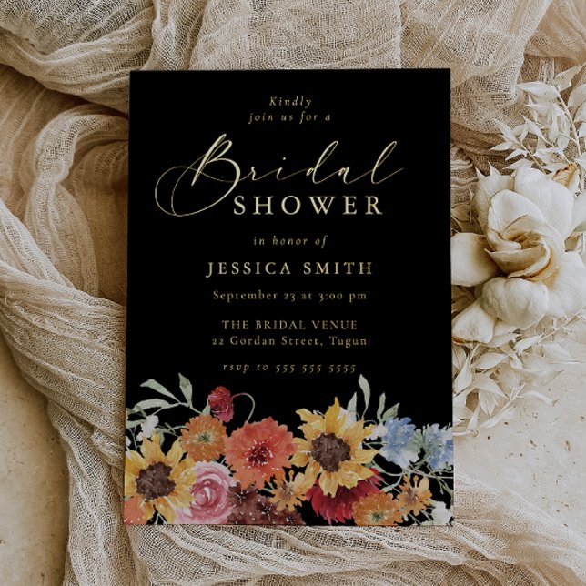 Bold Floral Summer Black Bridal Shower Gold Folieneinladung (Von Creator hochgeladen)