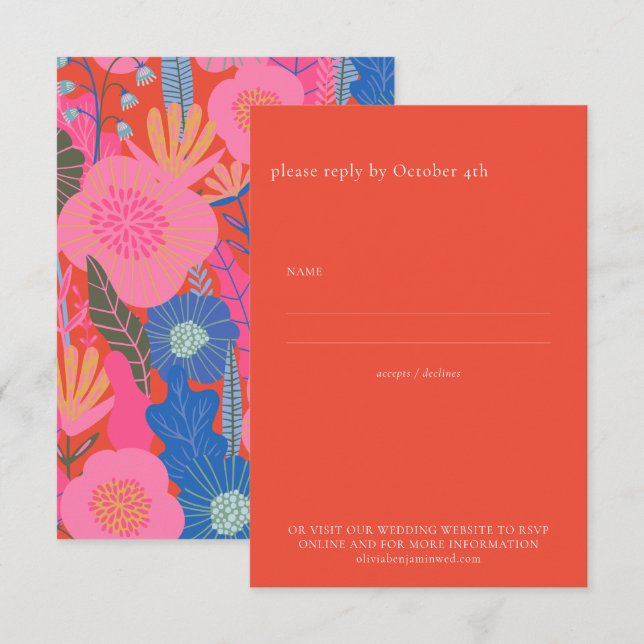 Bold Floral Vibranly Red Elegant Bohemische Hochze RSVP Karte (Vorne/Hinten)