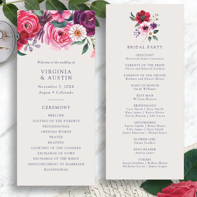 Bold Floral Wedding Program Programm (Bold Floral Watercolor Wedding Program by Painted Paperie
)