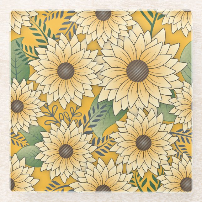 Bold Floral Yellow Sonnenblume Garten Glasuntersetzer (Vorderseite)