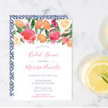Bold Florals Citrus & Spanish Tiles Brautparty Einladung<br><div class="desc">Niedliche Kumquats und Zitrusfrüchte auf dem Trend,  die durch hellrosa Blumenkontraste für diese Einladungen auf dem Trend Bridal Duwer hervorgehoben werden. Das umgekehrte Design stammt von einem Vintagen Azulejo (blaue weiße Kachel) Design.</div>