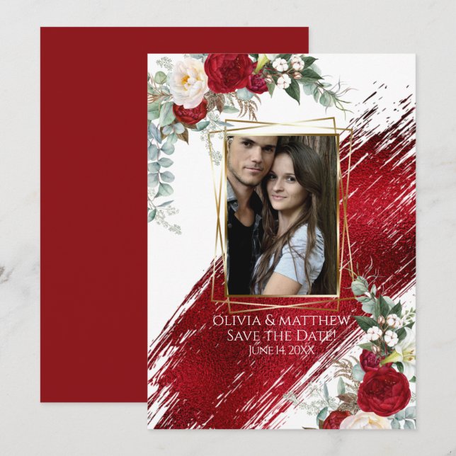 BOLD Foto Frame Crimson Floral Paint Stroke Einladung (Vorne/Hinten)