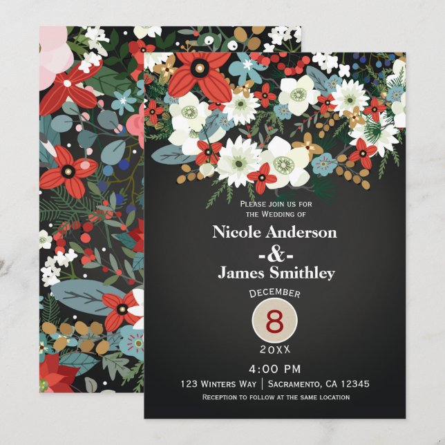 Bold Funky Colorful Floral Dark Chic Wedding Einladung (Vorne/Hinten)
