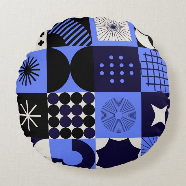 Bold Geometric Bauhaus Retrofuturistische Muster Rundes Kissen (Vorderseite)