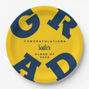 Bold GRAD Blue auf Mais Yellow Abschluss Pappteller