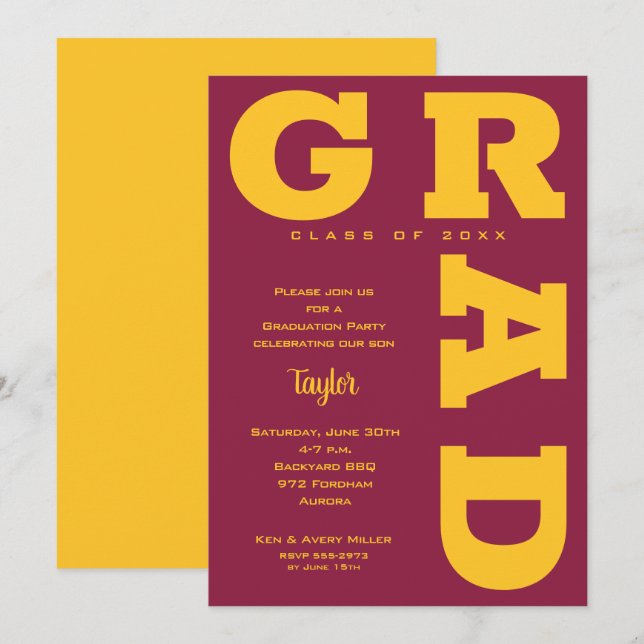 Bold GRAD Gold und Maroon Abschluss Einladung (Vorne/Hinten)