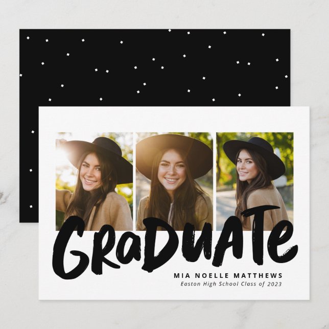 Bold graduate Schwarz-weiß drei Foto Abschluss Ankündigung (Vorne/Hinten)