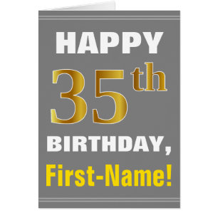 Bold, Gray, Faux Gold 35th Birthday w/ Name Card