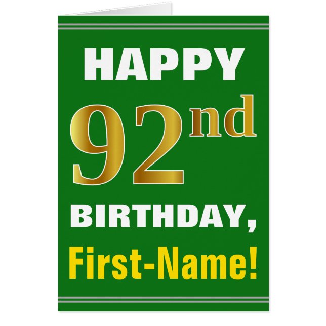 Bold, Green, Faux Gold 92e anniversaire avec carte (Devant)