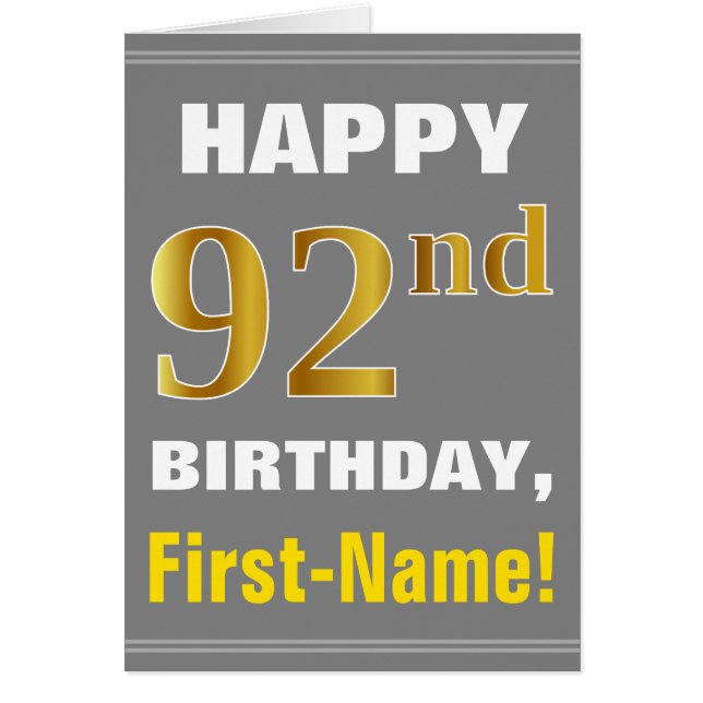 Bold, Grey, Faux Gold 92e anniversaire avec carte  (Devant)