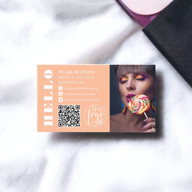 Bold hallo Pfirsich Qr Foto Logo Social Media Visitenkarte (Bold hello peach Qr photo logo social media Business Card)