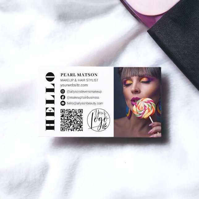 Bold hallo white chic Qr Foto Logo Social Media Visitenkarte (Bold hello white chic Qr photo logo social media Business Card)