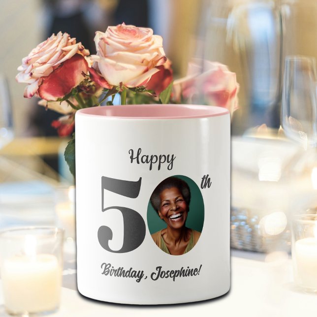 Bold Happy 50th Birthday Photo Zweifarbige Tasse (Von Creator hochgeladen)