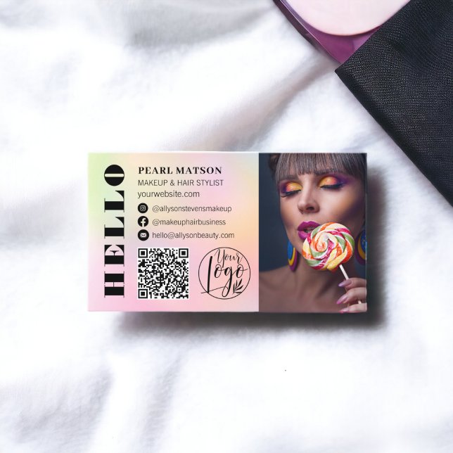 Bold hello ombre chic Qr Foto Logo Social Media Visitenkarte (Bold hello ombre chic Qr photo logo social media Business Card)