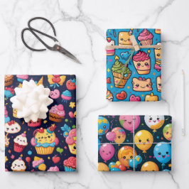 Bold Kawaii Birthday Pattern Geschenkpapier Set