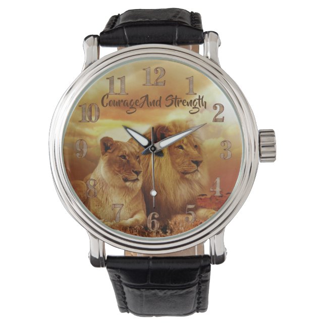 Bold Lion & Lioness Brown Leather Watch Armbanduhr (Vorderseite)
