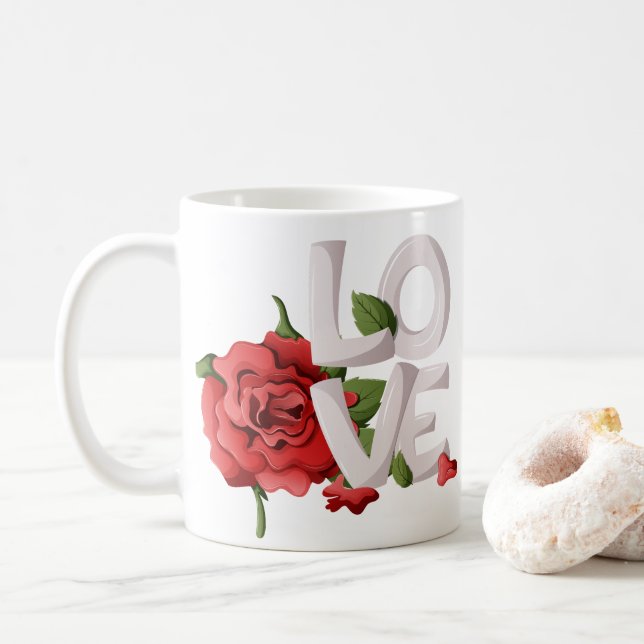Bold Love Lettering with Romantic Red Rose Foliage Kaffeetasse (Mit Donut)