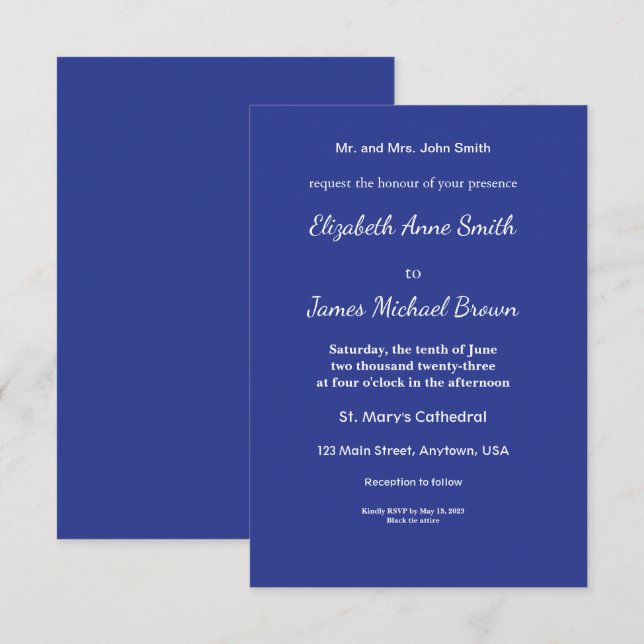 Bold Minimal Wedding Einladung in Deep Blue (Vorne/Hinten)