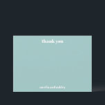 Bold Minimalistisch Aqua Blue Retro Custom Wedding Dankeskarte<br><div class="desc">Mit dieser eleganten Dankeschön-Karte bedanken Sie sich stilvoll. Die Karte mit einem weichen aqua-blauen Hintergrund und minimalistischer weißer Typografie ist ideal, um Ihren Gästen herzlich zu danken. Das schlichte und dennoch raffinierte Design ermöglicht eine personalisierte Botschaft im Inneren und macht sie zu einem zeitlosen Sake. Eine perfekte Ergänzung zu einer...</div>