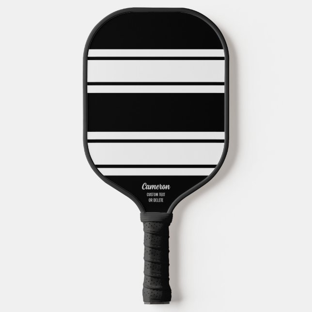 Bold Modern Black White Stripe Pattern Custom Text Pickleball Schläger (Vorderseite)