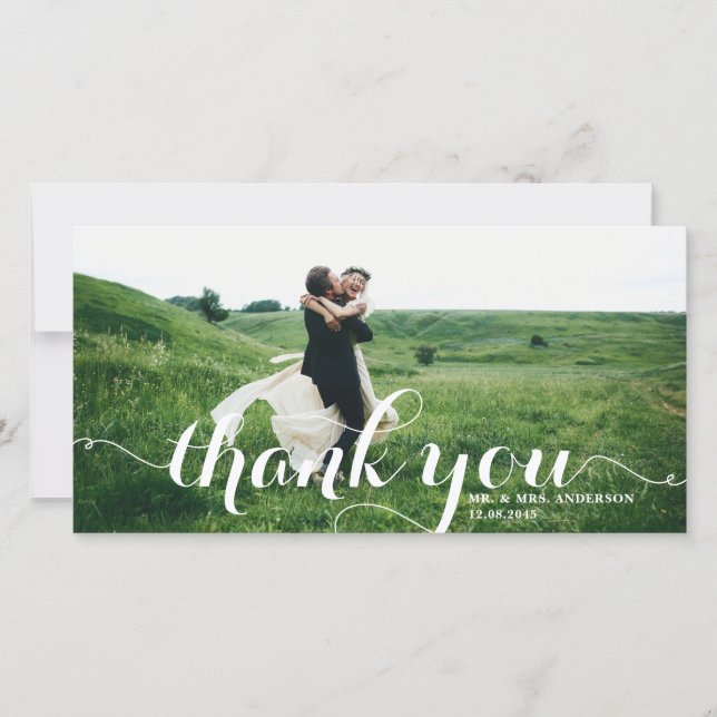 Bold Modern Calligraphy White Foto Wedding Dankeskarte (Vorderseite)