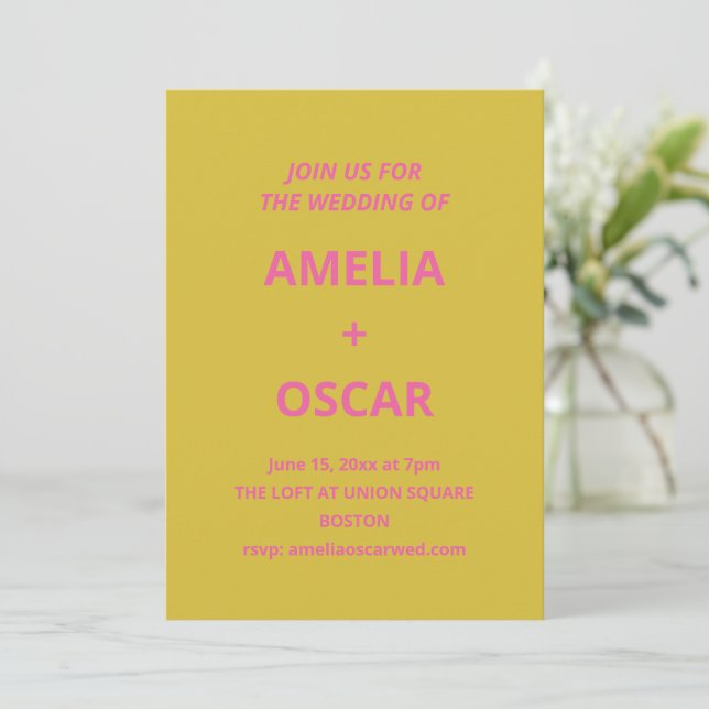 Bold Modern Chartreuse Pink Yellow Wedding Einladung (Stehend Vorderseite)
