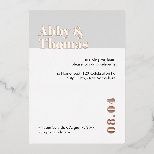 Bold Modern Minimalistisch Gray Wedding Rose Gold Folieneinladung (Vorderseite)