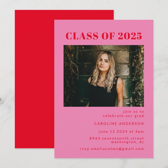Bold Modern Pink and Red Photo Graduation Party  Einladung (Vorne/Hinten)