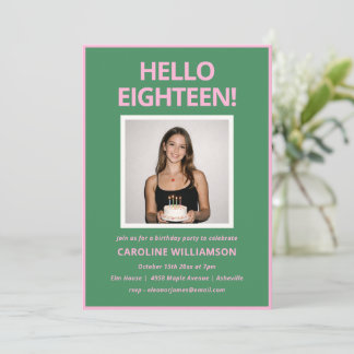 Bold Modern Pink Green Photo 18th Birthday Party Einladung