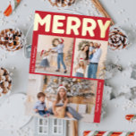 Bold Modern Red Vertical Three Foto Merry Gold Folien Feiertagskarte<br><div class="desc">Senden Sie herzliche Wünsche in dieser Urlaubssaison mit dieser einzigartigen und niedlichen, modernen, roten, 3 Foto merry Goldfolie Urlaubskarte. Das einfache und minimalistische Design zeichnet sich durch boho-inspiriert Elemente in Goldfolie aus. Dieses Design feiert den festlichen Geist des Dezember und bringt jedem Anlass eine fröhliche und lustige Touch. Die goldenen...</div>