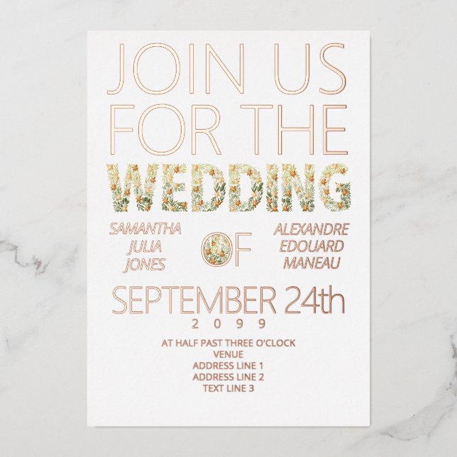 Bold Modern Rustic Boho Blumengrün Hochzeit Folieneinladung (Vorderseite)
