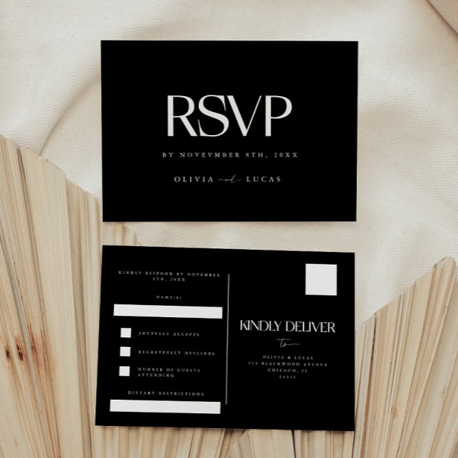 Bold & Modern Schwarz-weiß Wedding RSVP Postkarte (Von Creator hochgeladen)