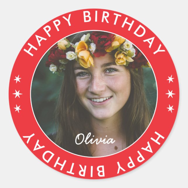 Bold Modern Simple Niedlich Red Happy Birthday Fot Runder Aufkleber (Vorderseite)