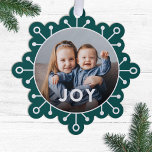 Bold Modern Snowflake Joy Foto Weihnachten Ornament Karte<br><div class="desc">Versenden Sie einmalige Urlaubsszenarien mit diesen lustigen Weihnachtskarten aus dem Foto, die sich als Ornamente oder große Geschenkmarken verdoppeln! Sie zeichnen sich durch ein schlichtes Schneeflockdesign, moderne Typografie mit JOY-Lesbarkeit und eine kreisförmige Bildvorlage auf dunklem aquamarinem Hintergrund aus. Ein dunkler Farbverlauf über den unteren Rand Ihres Fotos lässt den Text...</div>