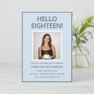 Bold Modern Soft Blue Photo 18th Birthday Party Einladung