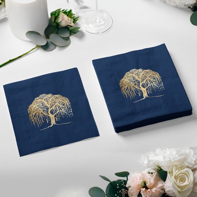 Bold Modern Willow Tree Navy Blue Gold Wedding Serviette (Bold Modern Willow Tree Navy Blue Gold Wedding Napkins)