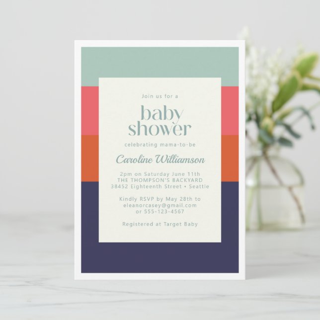 Bold Navy Blue and Red Stripes Chic Baby Dusche Einladung (Stehend Vorderseite)