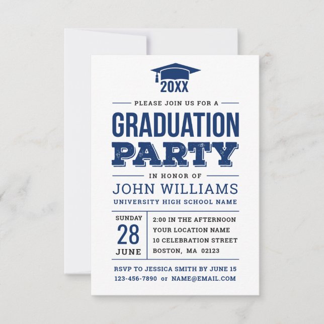 Bold Navy Blue and White Foto Graduation Party Einladung (Vorderseite)