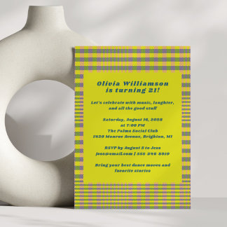 Bold Neon Yellow Kariert Fun 21. Geburtstag Party Einladung