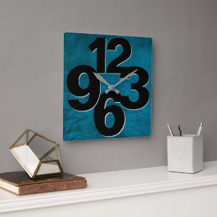 Bold Number Face On Teal Texture Square Wall Clock Quadratische Wanduhr