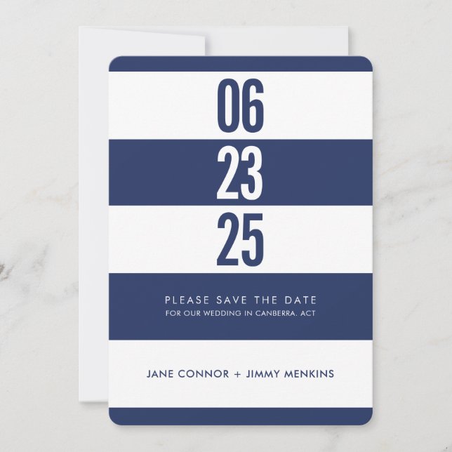 BOLD NUMMER STACK Navy White Stripe Save the Date (Vorderseite)