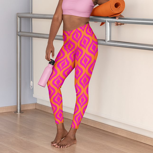 Bold Orange Hot Pink Summer Ikat Ogee Art Muster Leggings (Von Creator hochgeladen)