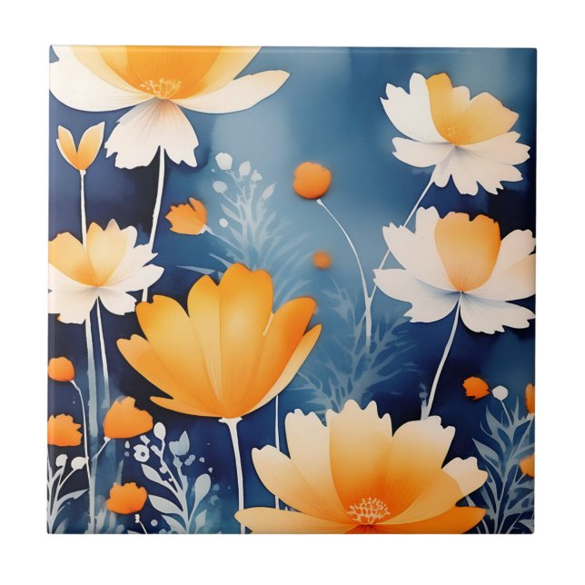 Bold Orange Watercolor Floral Fliese (Vorderseite)